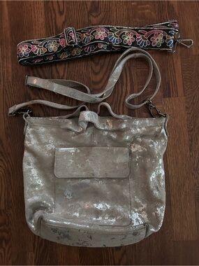 Latico Leather Metallic Silver Crossbody Bag with Bonus Floral Embroidered Strap